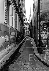 Black and white photo of the rue des Chantres located next to Notre Dame on the Ile de la Cit&eacute; in Paris, France