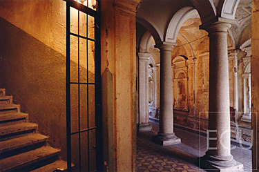 Color photo triptych of a stair and columns in Prague in the Czech Republic reflecting Prague's classical architecture