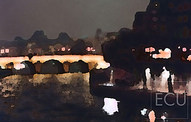 Color photograph and impressionistic view of the Seine, Pont Neuf, and Louvre taken at dusk in Paris, France