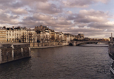 Color photograph of the Seine taken from the Pont de l'Archev&ecirc;ch&eacute; looking east toward Ile St. Louis in winter in Paris, France
