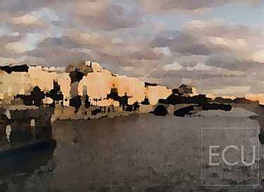 Color photograph and impressionistic view of the Seine taken from the Pont de l'Archev&ecirc;ch&eacute; looking east toward Ile St. Louis in winter