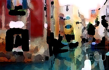 Color photo and impressionist view of venetian canal Muneghette next to Scuolo Grande di San Rocco in the San Polo sestiere of Venice, Italy